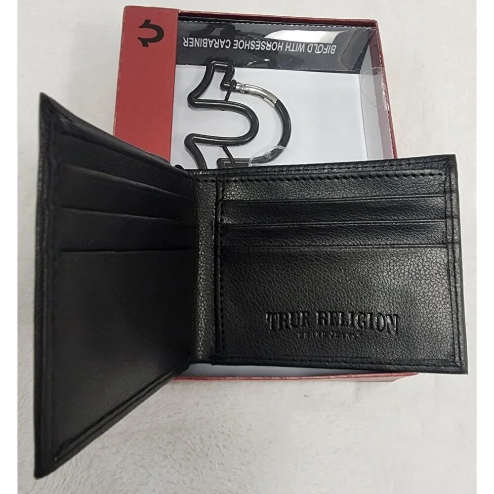 NEW True Religion Men's Genuine Leather Black Bifold Wallet w/ Carabiner